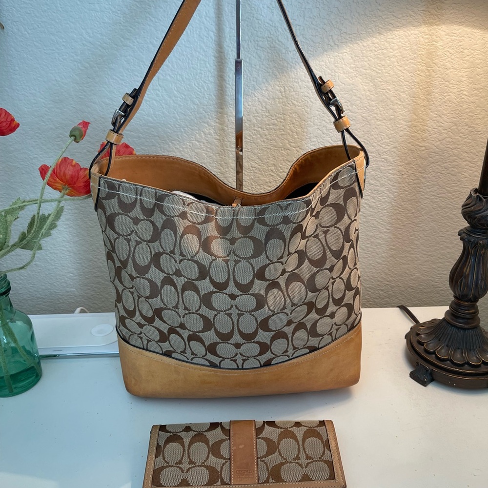 Coach Y2K Vintage Signature Jacquard Canvas Leather Hobo Shoulder bag & wallet